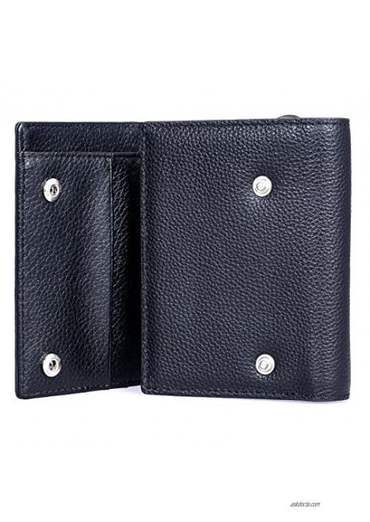 ManChDa Multiple Trifold Wallet -Slits Black Small Size Leather RFID Blocking with one Removable Chain