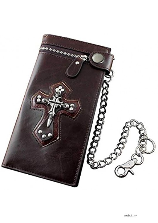 Mens Boys Skull Gothic Cross Zipper Checkboot Long Leather Biker Wallet With Chain