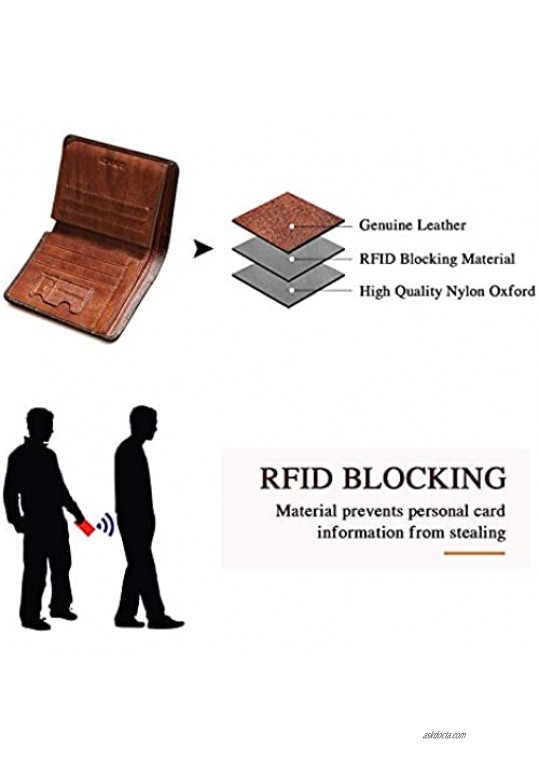 Mens Genuine Leather Wallet RFID Blocking Large Capacity Vintage Casual Slim Purse Minimalist Card Holder with 9 Card Slots & 2 ID Window