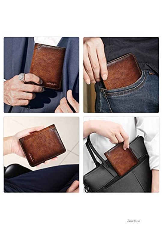 Mens Genuine Leather Wallet RFID Blocking Large Capacity Vintage Casual Slim Purse Minimalist Card Holder with 9 Card Slots & 2 ID Window