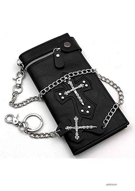 Mens Gothic Skull Cross Leather Biker Punk Wallet with a Metal Long Chain Black