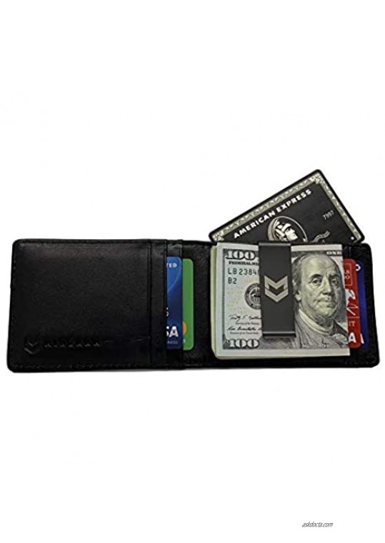 MINZAAM USA Men's Slim Leather Wallet & Removable Money Clip - Rich Black Napa Leather RFID Blocker