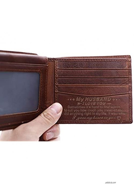 Personalized Mens Wallet Leather Wallet Bifold RFID Personalized Gifts for Men (Husband Wallet)