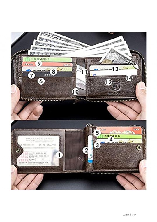 Selighting Genuine Leather Zipper Wallets for Men RFID Blocking Vintage Bifold Wallets Credit Card Holder Cases (One Size Dark Brown)