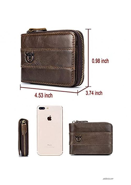 Selighting Genuine Leather Zipper Wallets for Men RFID Blocking Vintage Bifold Wallets Credit Card Holder Cases (One Size Dark Brown)