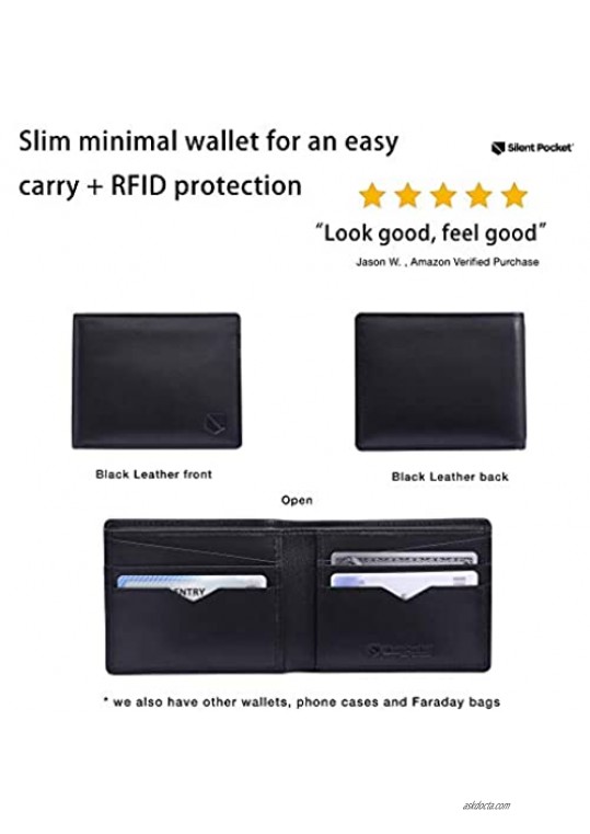 Silent Pocket Black Leather RFID Blocking Jet Black Bi-Fold Wallet - Prevents Hacking and Identity Theft Protects Credit Cards Secure Your Information Instant Protection Great for Travel
