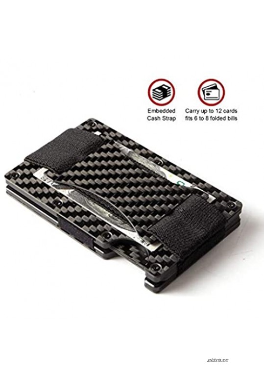 Slim Minimalist Aluminum Wallet for Men RFID Blocking Credit Card Holder with Cash Strap(Black 3K Carbon Fiber)