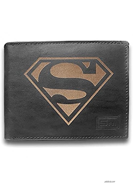 Superman Genuine Cowhide Leather Laser Engraved Engraving Slimfold Mens Black Large Capacity Luxury Wallet Purse Minimalist Sleek and Slim Black Credit Card Holder Organizer 14 Pockets