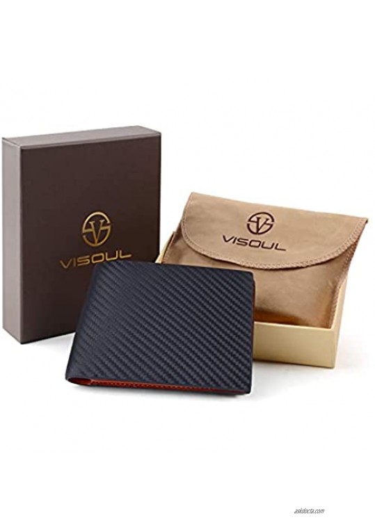 VISOUL Men’s Carbon Fiber Leather Wallets Bifold with RFID Blocking Designer Leather Wallets with 1 ID window for Men (Black+Orange)
