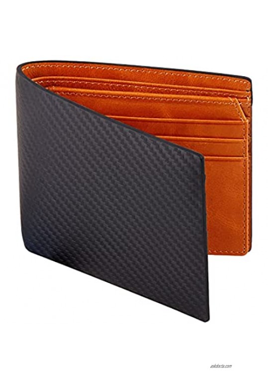 VISOUL Men’s Carbon Fiber Leather Wallets Bifold with RFID Blocking Designer Leather Wallets with 1 ID window for Men (Black+Orange)