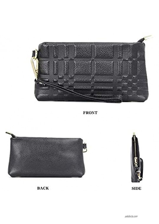 Aladin Genuine Leather Clutch Purse multi-functional Zippered Handbag with Diamond Lattice Pattern Mobile Phone Wallet