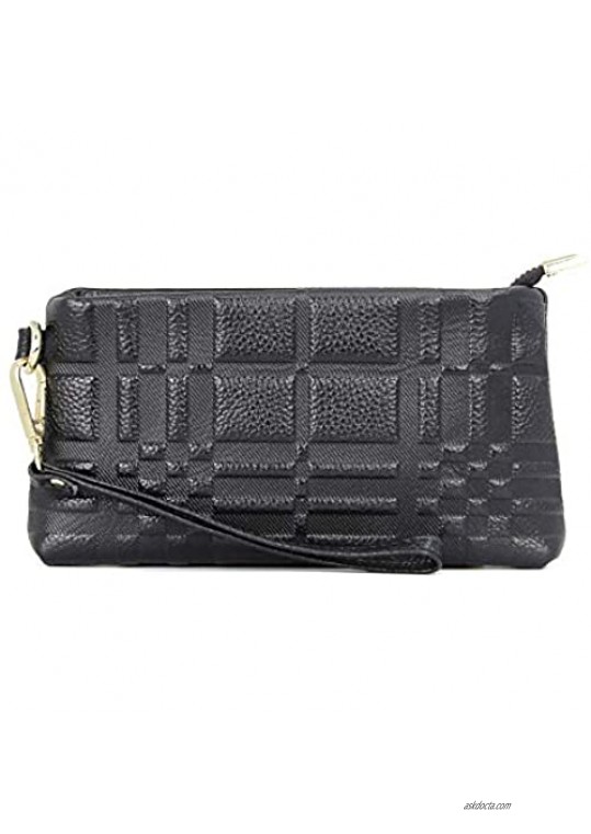 Aladin Genuine Leather Clutch Purse multi-functional Zippered Handbag with Diamond Lattice Pattern Mobile Phone Wallet