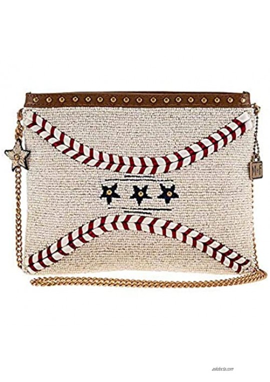 Mary Frances Catch Me Beaded Baseball Crossbody Clutch Handbag Purse  White