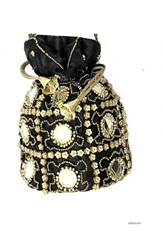 Purpledip Potli Bag (Clutch Drawstring Purse) For Women With Intricate Gold Thread & Sequin Embroidery Work (Black Color 11269)