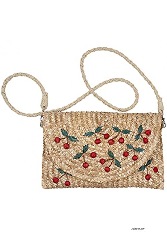 surell Paper Straw Clutch Crossbody Bag with Cherries - Cute Cherry Pattern Clutch - Summer Beach Purse - Natural with Cherries