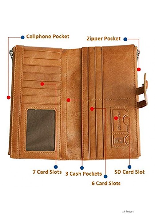 Tippnox Womens Genuine Leather Wallet RFID Blocking Credit Card Holder Organizer Clutch Long Purse with Zipper Pocket (Brown-0)