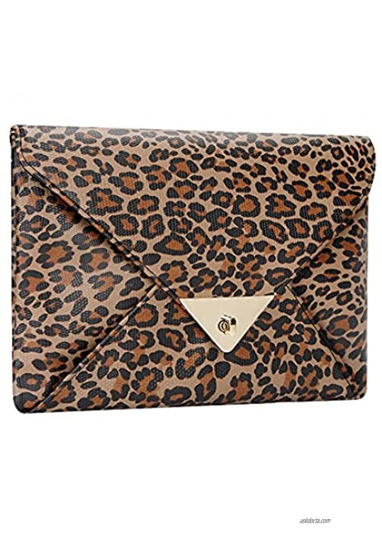 Curvchic Women Envelope Clutch PU Leather Leopard Evening Bag Retro Handbag Purse for Wedding Party (Brown1))