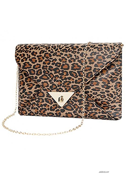 Curvchic Women Envelope Clutch PU Leather Leopard Evening Bag Retro Handbag Purse for Wedding Party (Brown1))