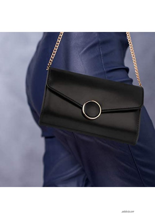 EIOZUR Black Evening Purse Evening Bag For Women Embellished With Metal Ring Vegan Leather Shoulder Chain Medium Size Women Handbag For Party For Wedding