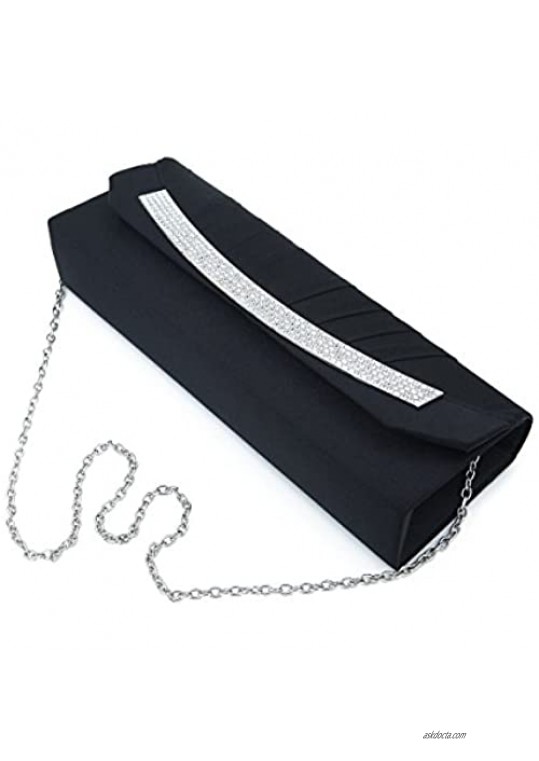 Elegant Pleated Satin Flap Rhinestones Clutch Evening Bag - Diff Colors Avail
