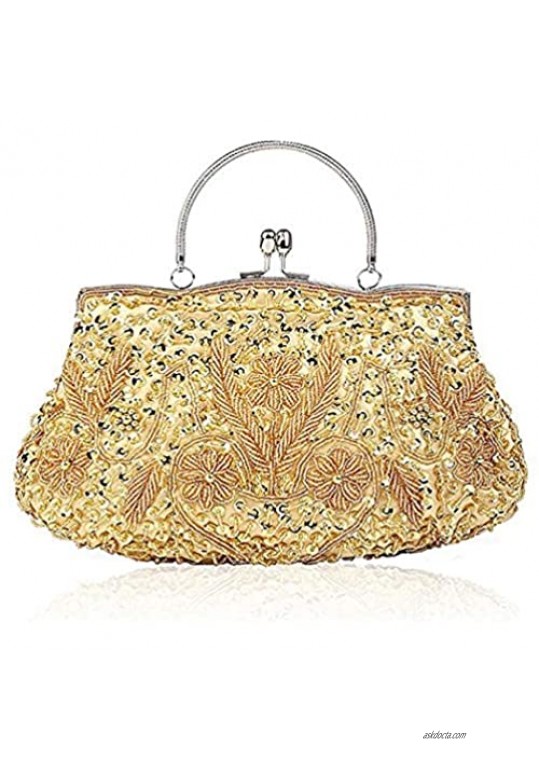 Noble Beaded Sequin Flower Evening Purse Large Clutch Bag Handbag for Women (Gold)