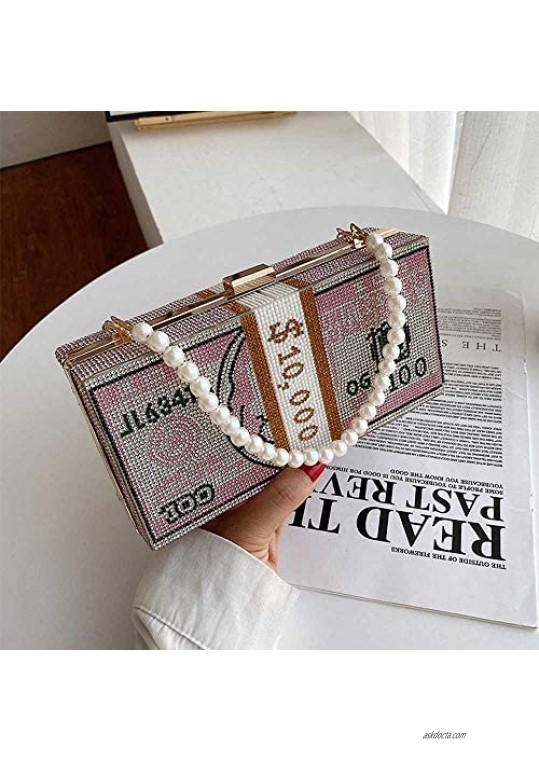 Orichane Hundred Dollar Bill Box Sparkly Diamond Clutch Handbag Rhinestone Evening Bag Shoulder Bag Shiny Crystal Purse