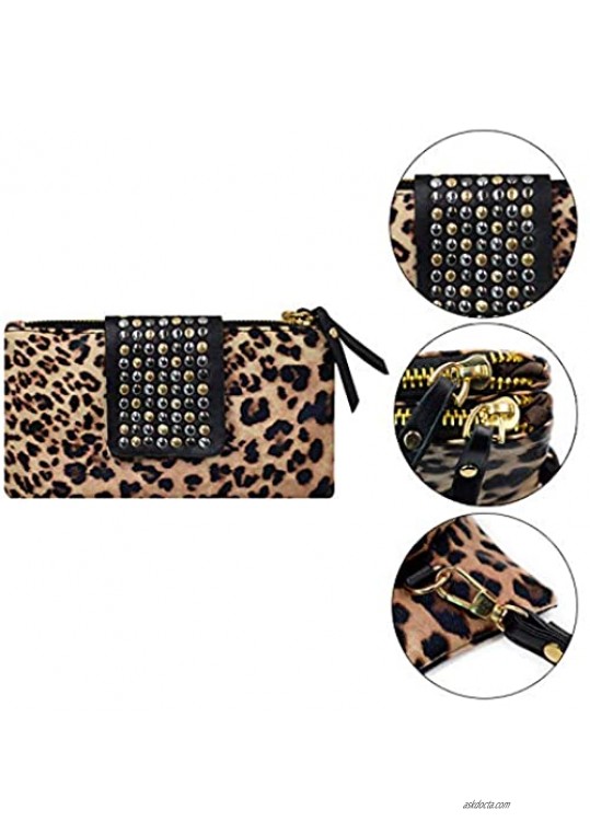 Rebecca Women Leopard Print Leather Wristlet Clutch Purse Folded Rivets Zipper Wallet Evening Bag
