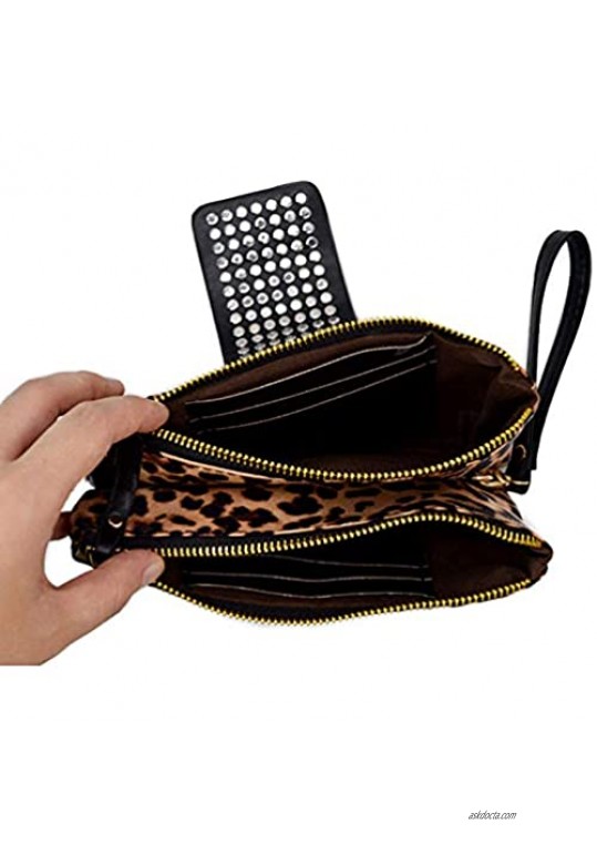 Rebecca Women Leopard Print Leather Wristlet Clutch Purse Folded Rivets Zipper Wallet Evening Bag
