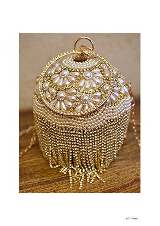 Round Ball Clutch 1920S Dazzling Full Rhinestone Evening Bag Tassel Purse Wedding Party Ring Handle handbag