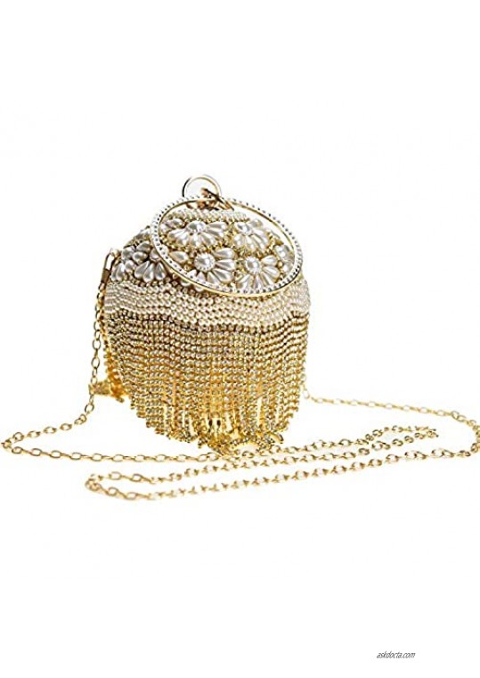 Round Ball Clutch 1920S Dazzling Full Rhinestone Evening Bag Tassel Purse Wedding Party Ring Handle handbag