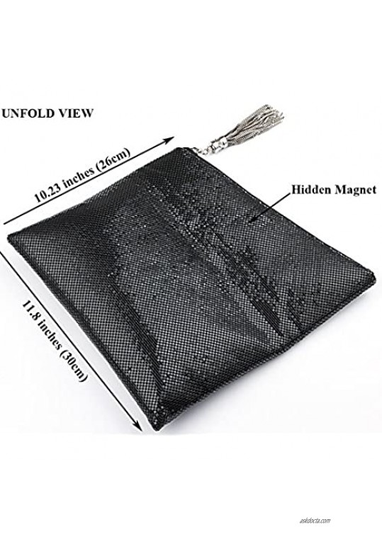 ROVOYCE Envelope Clutch Foldover Bling Metal Mesh Oversized Evening Purse with Metal Tassel