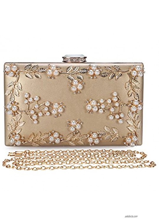 UBORSE Women's Floral Pearl Beaded Evening Handbags Flower Party Clutch Bridal Purse Gold