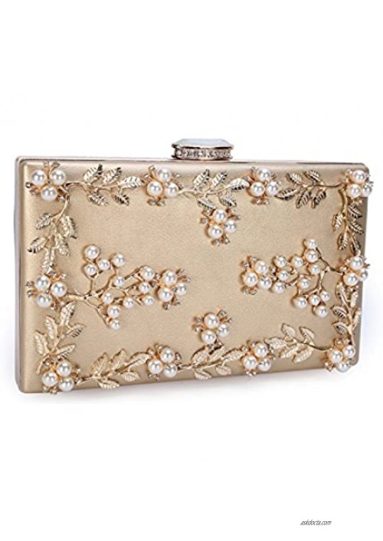UBORSE Women's Floral Pearl Beaded Evening Handbags Flower Party Clutch Bridal Purse Gold