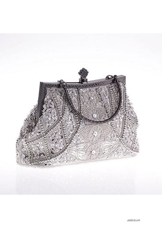 Vintage Beaded and Sequined Women Evening Bag Evening Purse Clutch Bag Silver