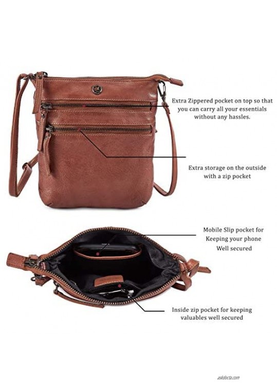 COCHOA Small Triple Zip Real Leather Women's Crossbody- Premium Vintage Crossover Shoulder Sling Bag