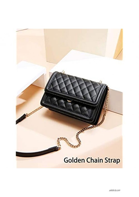 Plergi Small Genuine Leather Crossbody Quilted Handbag with Golden Chain Strap Lightweight Cellphone Purse for Women