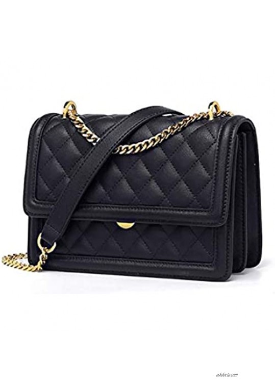 Plergi Small Genuine Leather Crossbody Quilted Handbag with Golden Chain Strap Lightweight Cellphone Purse for Women