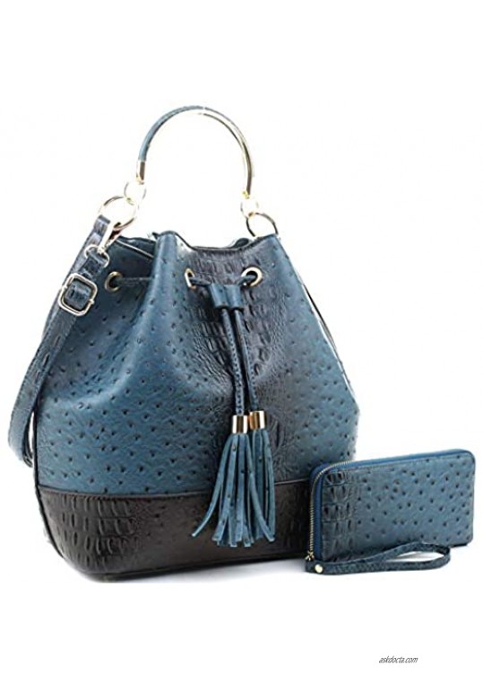 Boho Tassel Ostrich Print Vegan Leather Handle Bucket Handbag Satchel Wallet Set