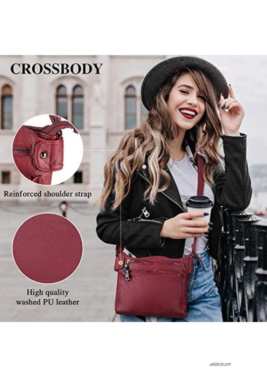 Crossbody Shoulder Bag for Women PU Soft Washed Vegan Leather Satchel Handbag