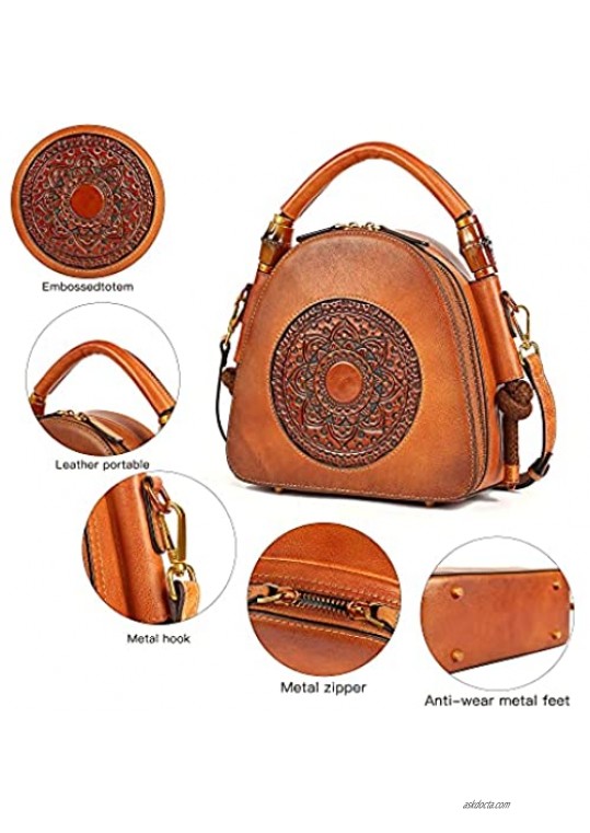 Genuine Leather Handbag for Women Handmade Mandala Totem Satchel Top-Handle Embossed Purse Vintage Crossbody