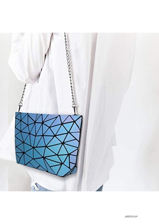Holographic Crossbody Bag for Women Geometric Luminous Shoulder Bag with Chain Lightweight & Foldable Holographic Zipper Messenger Bag Reflective Wallet Purse Suitable for Traveling or Shopping Blue…
