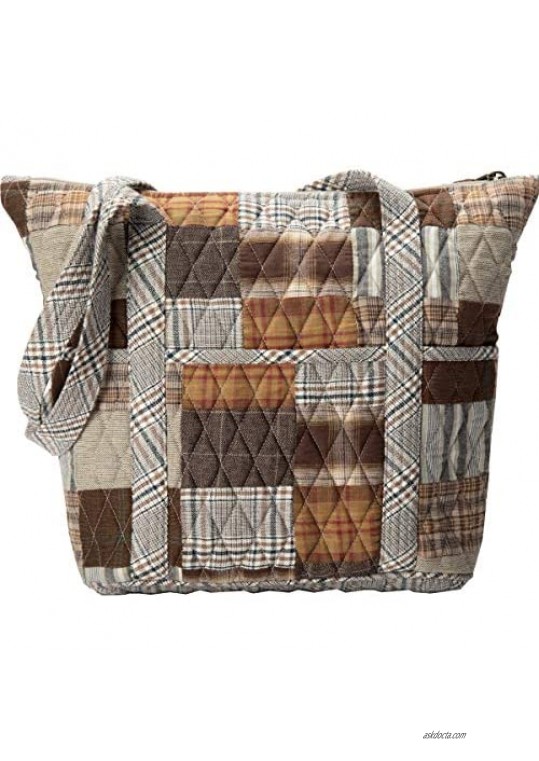 Bella Taylor Rory Stride Quilted Cotton Country Patchwork Shoulder Tote Handbag; Greige Chocolate Brown and Natural