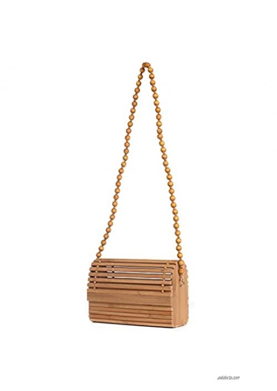 RULER TRUTH Handwoven Round Bamboo Bag Natural Shoulder Bag with Wooden Beads Straps Women's Handmade Straw Purse