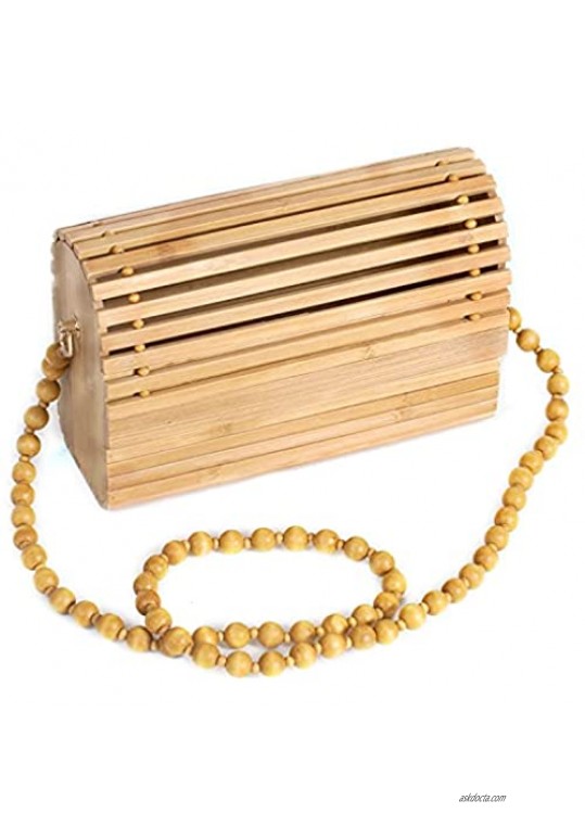 RULER TRUTH Handwoven Round Bamboo Bag Natural Shoulder Bag with Wooden Beads Straps Women's Handmade Straw Purse