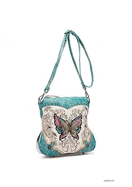 Western Style Butterfly Tooled Leather Women Purse Cross Body Handbag Concealed Carry Single Shoulder Bag