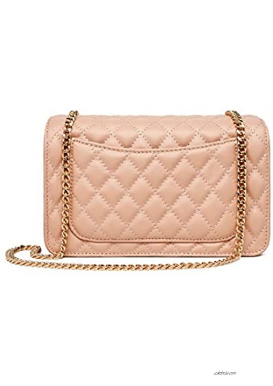 Women Genuine Leather Shoulder Bag Ladies Fashion Clutch Purses Quilted Crossbody Bags With Chain - Quilted Pink
