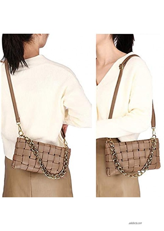 Women Woven Crossbody Evening Small Handbag Braided Shoulder Bag Weave Purse with Chain Messenger Bag