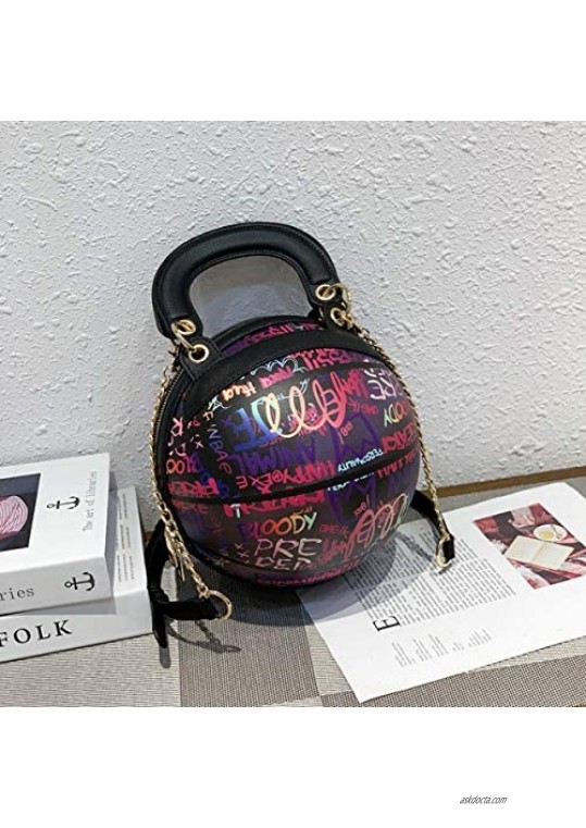 Women's Graffiti Letter Basketball Shaped Purse Girls Round Handbag Shoulder Cross Body PU Messenger Bag Adjustable Strap