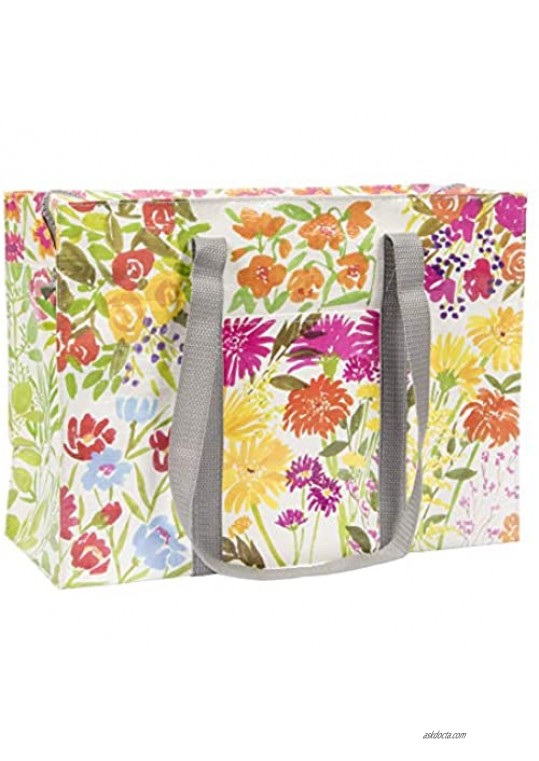 Blue Q Shoulder Tote Flower Garden. The carry-everywhere bag that features a hefty zipper exterior pocket wrap-around straps reinforced floor. Made from 95% recycled material 11h x 15w x 6.25d