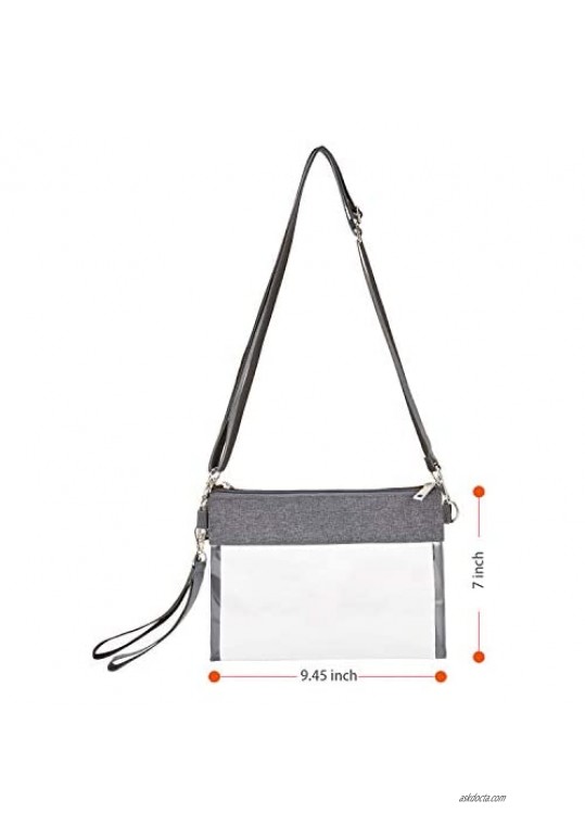 Clear Crossbody Purse Bag - Stadium Approved Clear Tote Bag with Adjustable Shoulder Strap (Grey)